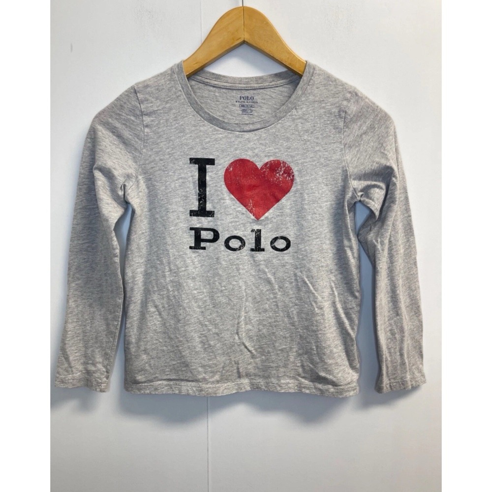 Polo Ralph Lauren Girls Kids Grey I Love Polo T-shirt Tee M 8-10 Long Sleeve‎